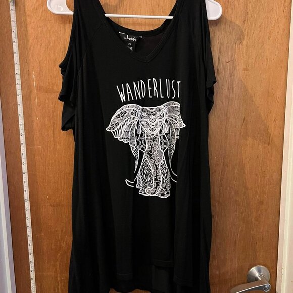 Size 2X - Justify - Black Cold-Shoulder "Wanderlust" Elephant Knit Pullover - Picture 1 of 6